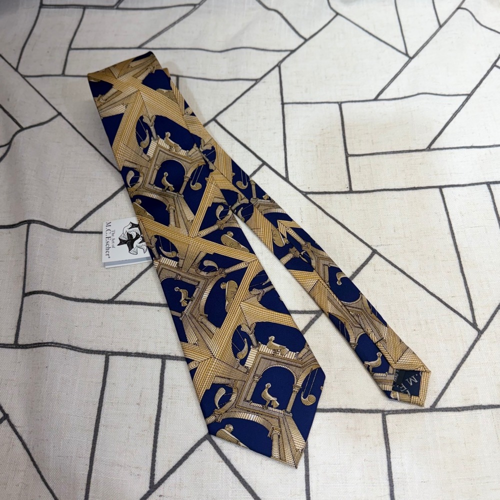 M.C. Escher Silk Necktie NWT Blue Gold Another World 1947 Art Print Tie‎